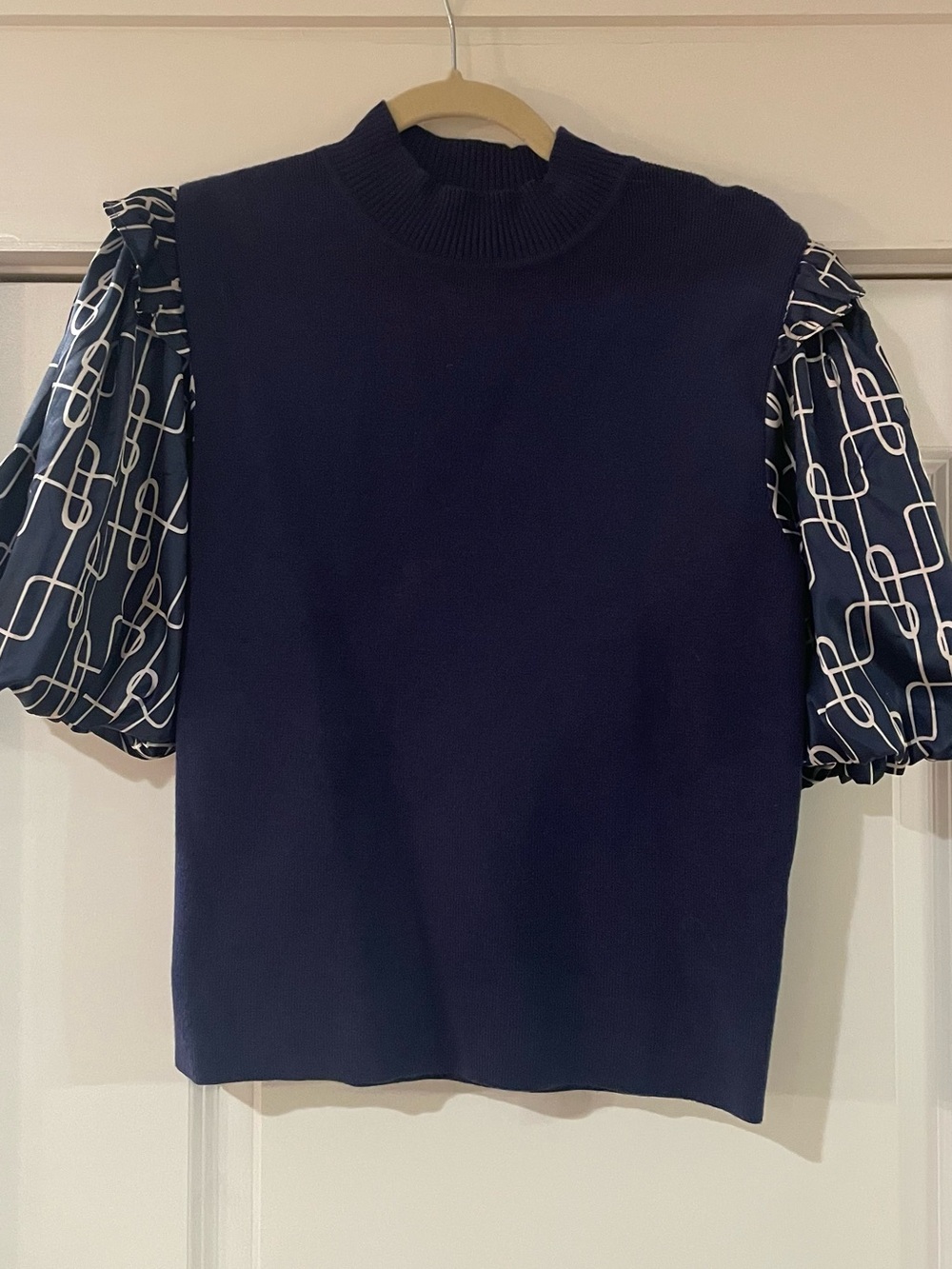 THML Navy Knit Top with White Geometric Puff Sleeves